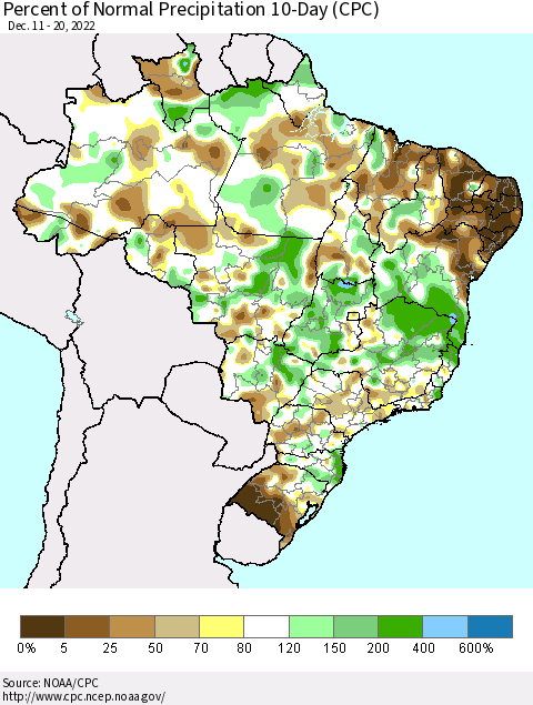 Brazil Percent of Normal Precipitation 10-Day (CPC) Thematic Map For 12/11/2022 - 12/20/2022
