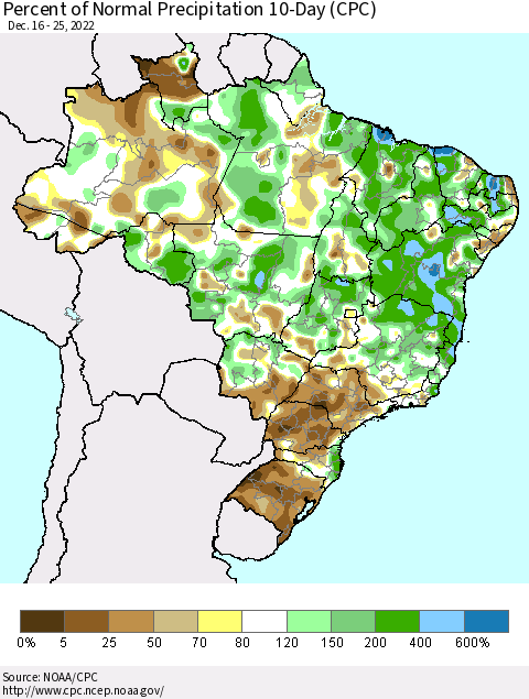 Brazil Percent of Normal Precipitation 10-Day (CPC) Thematic Map For 12/16/2022 - 12/25/2022