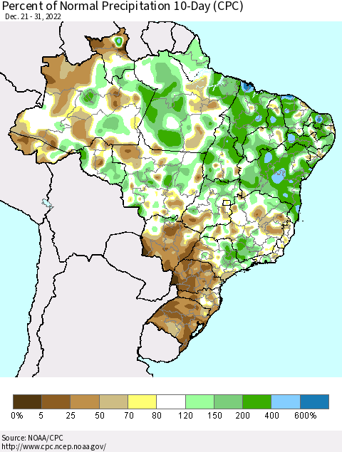 Brazil Percent of Normal Precipitation 10-Day (CPC) Thematic Map For 12/21/2022 - 12/31/2022