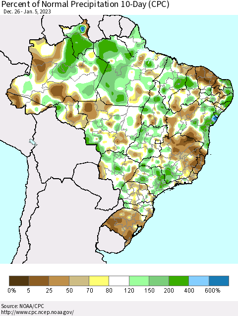 Brazil Percent of Normal Precipitation 10-Day (CPC) Thematic Map For 12/26/2022 - 1/5/2023