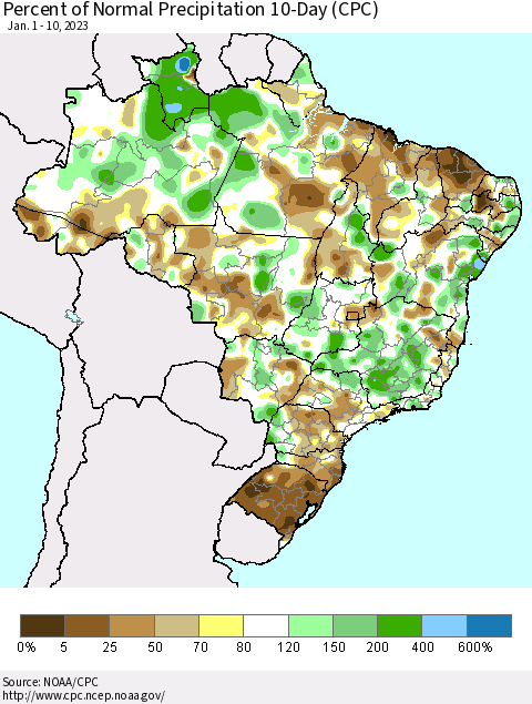 Brazil Percent of Normal Precipitation 10-Day (CPC) Thematic Map For 1/1/2023 - 1/10/2023