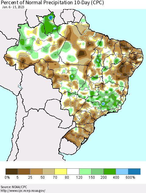 Brazil Percent of Normal Precipitation 10-Day (CPC) Thematic Map For 1/6/2023 - 1/15/2023