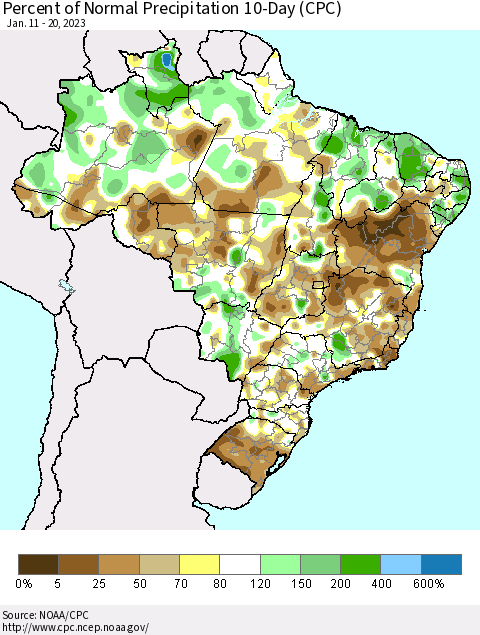 Brazil Percent of Normal Precipitation 10-Day (CPC) Thematic Map For 1/11/2023 - 1/20/2023