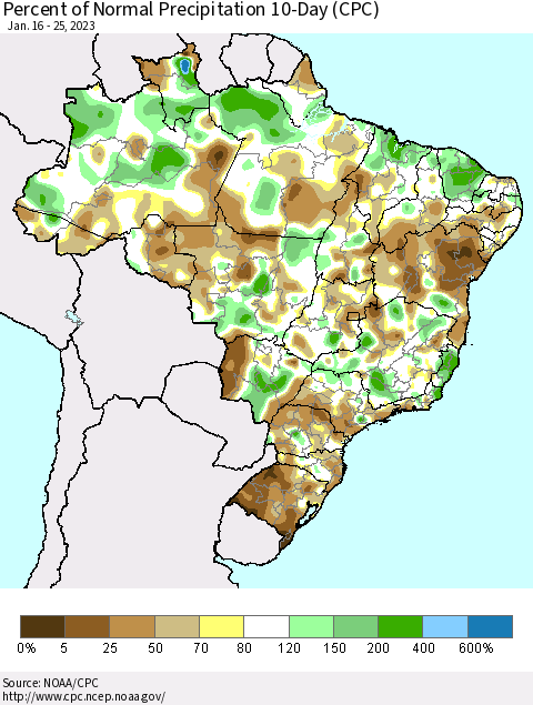 Brazil Percent of Normal Precipitation 10-Day (CPC) Thematic Map For 1/16/2023 - 1/25/2023