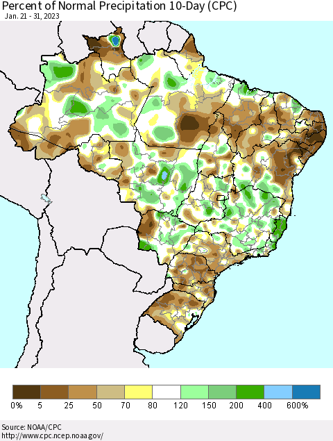 Brazil Percent of Normal Precipitation 10-Day (CPC) Thematic Map For 1/21/2023 - 1/31/2023