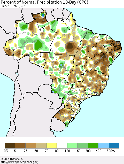 Brazil Percent of Normal Precipitation 10-Day (CPC) Thematic Map For 1/26/2023 - 2/5/2023