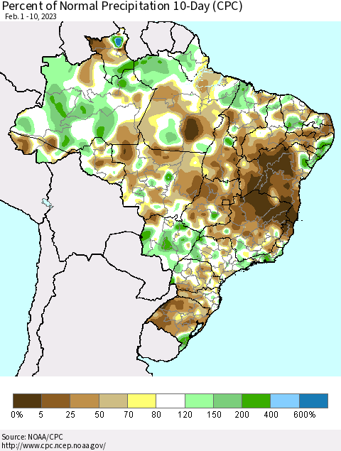 Brazil Percent of Normal Precipitation 10-Day (CPC) Thematic Map For 2/1/2023 - 2/10/2023