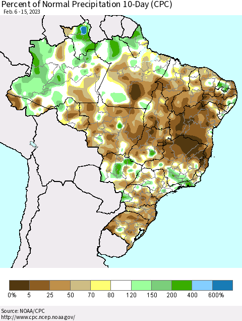 Brazil Percent of Normal Precipitation 10-Day (CPC) Thematic Map For 2/6/2023 - 2/15/2023