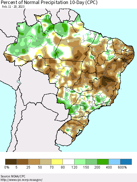 Brazil Percent of Normal Precipitation 10-Day (CPC) Thematic Map For 2/11/2023 - 2/20/2023