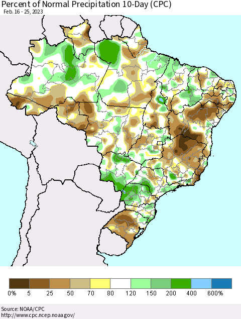 Brazil Percent of Normal Precipitation 10-Day (CPC) Thematic Map For 2/16/2023 - 2/25/2023