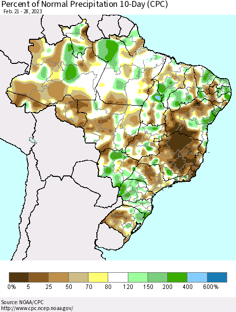Brazil Percent of Normal Precipitation 10-Day (CPC) Thematic Map For 2/21/2023 - 2/28/2023