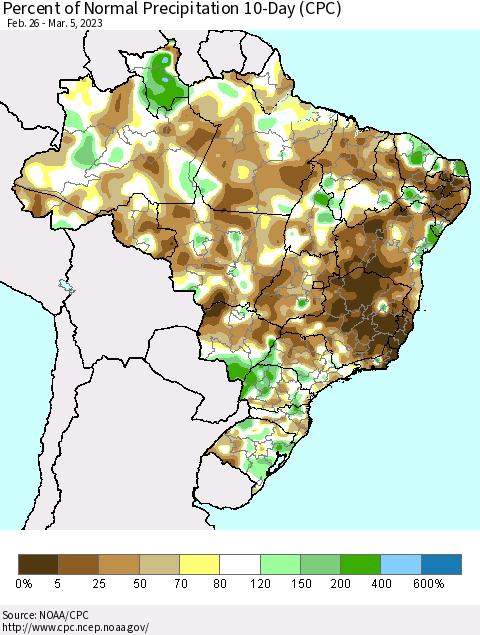 Brazil Percent of Normal Precipitation 10-Day (CPC) Thematic Map For 2/26/2023 - 3/5/2023