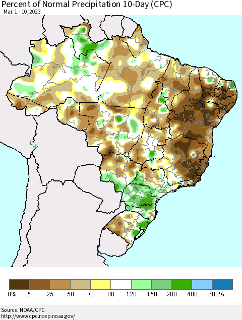 Brazil Percent of Normal Precipitation 10-Day (CPC) Thematic Map For 3/1/2023 - 3/10/2023
