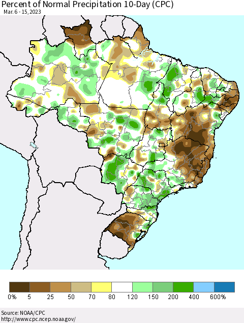 Brazil Percent of Normal Precipitation 10-Day (CPC) Thematic Map For 3/6/2023 - 3/15/2023