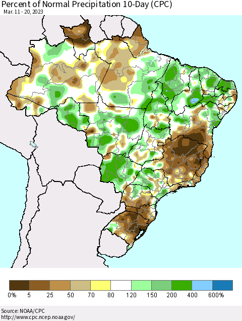 Brazil Percent of Normal Precipitation 10-Day (CPC) Thematic Map For 3/11/2023 - 3/20/2023