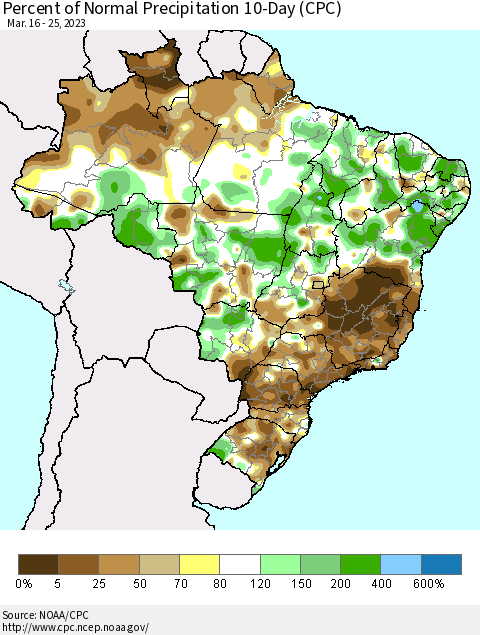 Brazil Percent of Normal Precipitation 10-Day (CPC) Thematic Map For 3/16/2023 - 3/25/2023
