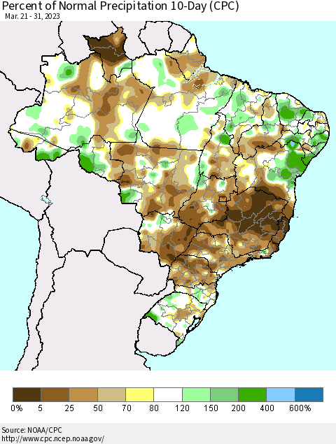Brazil Percent of Normal Precipitation 10-Day (CPC) Thematic Map For 3/21/2023 - 3/31/2023
