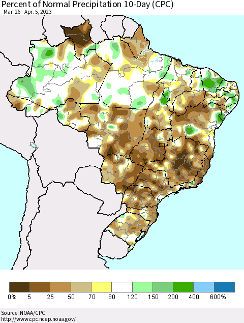 Brazil Percent of Normal Precipitation 10-Day (CPC) Thematic Map For 3/26/2023 - 4/5/2023