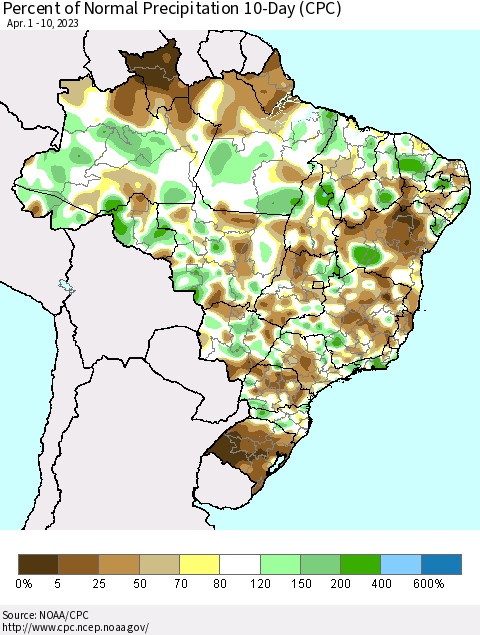 Brazil Percent of Normal Precipitation 10-Day (CPC) Thematic Map For 4/1/2023 - 4/10/2023