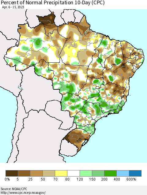 Brazil Percent of Normal Precipitation 10-Day (CPC) Thematic Map For 4/6/2023 - 4/15/2023