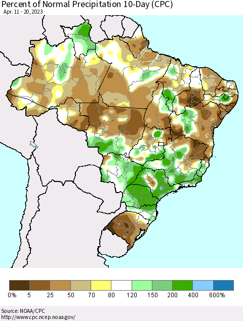 Brazil Percent of Normal Precipitation 10-Day (CPC) Thematic Map For 4/11/2023 - 4/20/2023