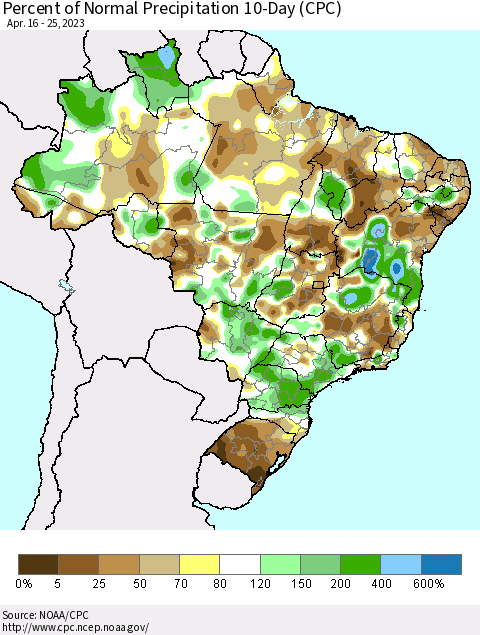 Brazil Percent of Normal Precipitation 10-Day (CPC) Thematic Map For 4/16/2023 - 4/25/2023