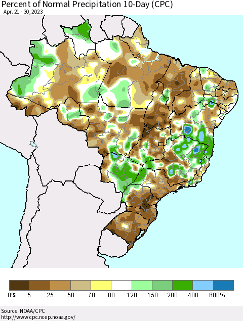 Brazil Percent of Normal Precipitation 10-Day (CPC) Thematic Map For 4/21/2023 - 4/30/2023