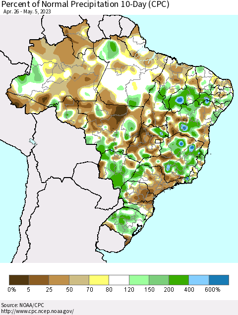Brazil Percent of Normal Precipitation 10-Day (CPC) Thematic Map For 4/26/2023 - 5/5/2023