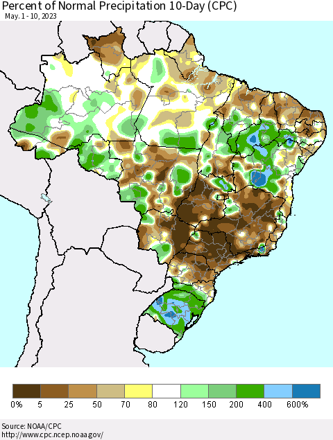 Brazil Percent of Normal Precipitation 10-Day (CPC) Thematic Map For 5/1/2023 - 5/10/2023