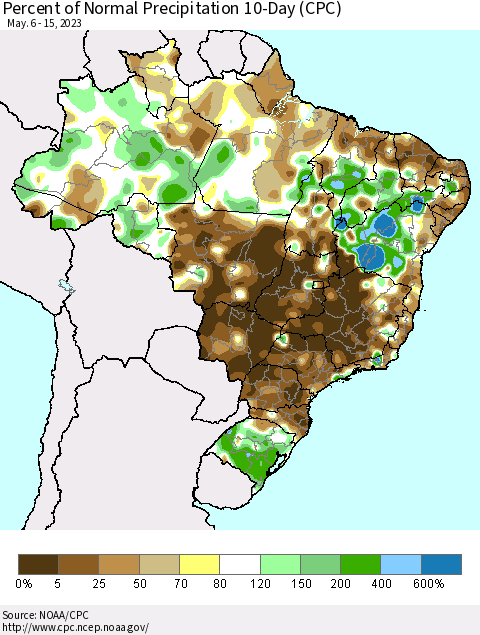Brazil Percent of Normal Precipitation 10-Day (CPC) Thematic Map For 5/6/2023 - 5/15/2023