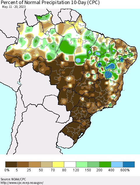 Brazil Percent of Normal Precipitation 10-Day (CPC) Thematic Map For 5/11/2023 - 5/20/2023