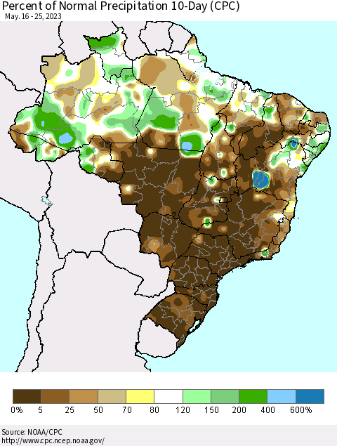 Brazil Percent of Normal Precipitation 10-Day (CPC) Thematic Map For 5/16/2023 - 5/25/2023