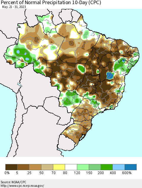 Brazil Percent of Normal Precipitation 10-Day (CPC) Thematic Map For 5/21/2023 - 5/31/2023