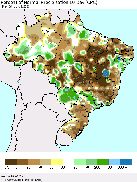 Brazil Percent of Normal Precipitation 10-Day (CPC) Thematic Map For 5/26/2023 - 6/5/2023