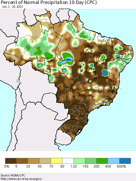 Brazil Percent of Normal Precipitation 10-Day (CPC) Thematic Map For 6/1/2023 - 6/10/2023