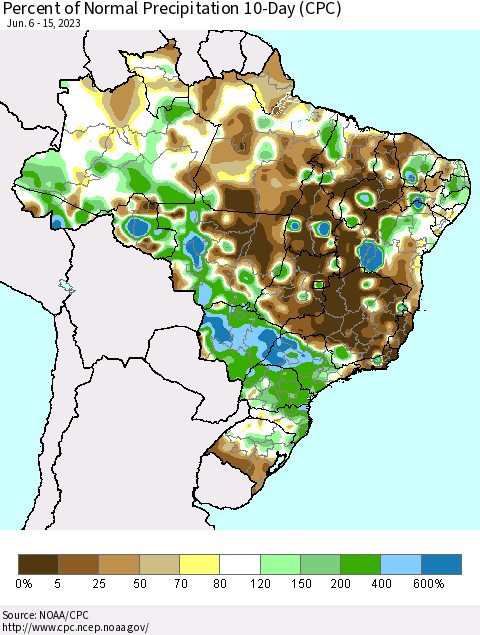 Brazil Percent of Normal Precipitation 10-Day (CPC) Thematic Map For 6/6/2023 - 6/15/2023