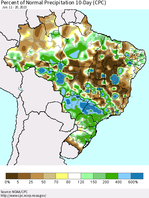 Brazil Percent of Normal Precipitation 10-Day (CPC) Thematic Map For 6/11/2023 - 6/20/2023
