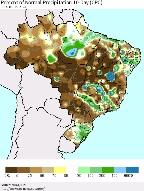 Brazil Percent of Normal Precipitation 10-Day (CPC) Thematic Map For 6/16/2023 - 6/25/2023