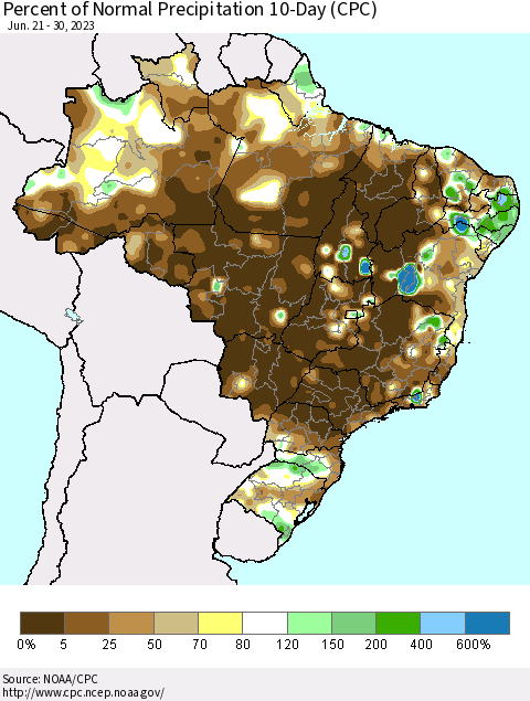 Brazil Percent of Normal Precipitation 10-Day (CPC) Thematic Map For 6/21/2023 - 6/30/2023