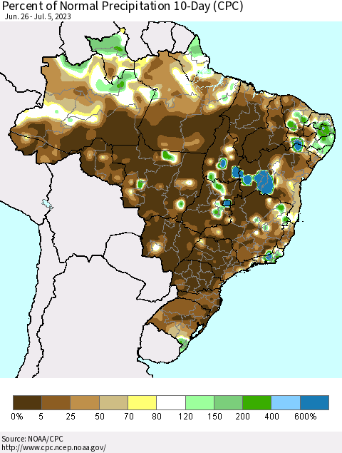 Brazil Percent of Normal Precipitation 10-Day (CPC) Thematic Map For 6/26/2023 - 7/5/2023