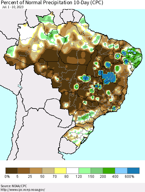 Brazil Percent of Normal Precipitation 10-Day (CPC) Thematic Map For 7/1/2023 - 7/10/2023
