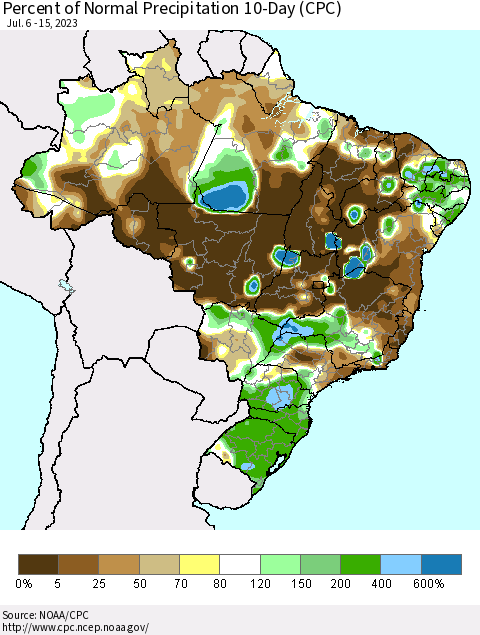 Brazil Percent of Normal Precipitation 10-Day (CPC) Thematic Map For 7/6/2023 - 7/15/2023