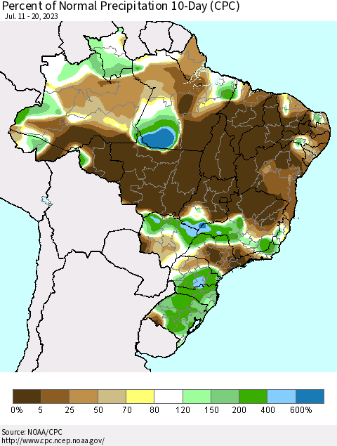 Brazil Percent of Normal Precipitation 10-Day (CPC) Thematic Map For 7/11/2023 - 7/20/2023