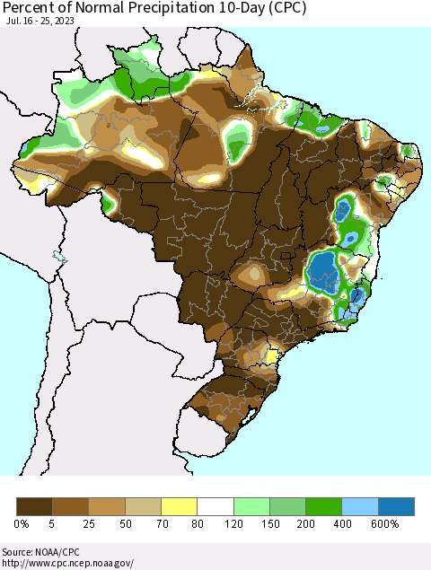 Brazil Percent of Normal Precipitation 10-Day (CPC) Thematic Map For 7/16/2023 - 7/25/2023