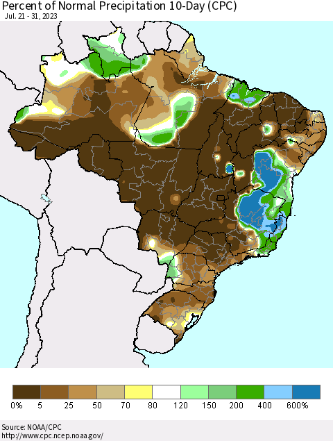 Brazil Percent of Normal Precipitation 10-Day (CPC) Thematic Map For 7/21/2023 - 7/31/2023