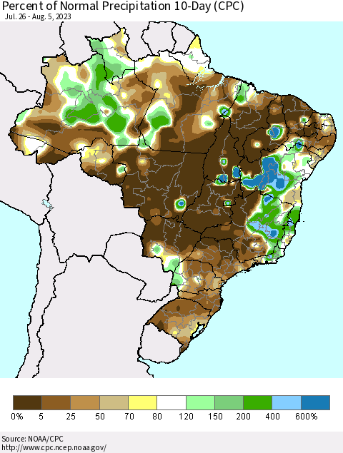 Brazil Percent of Normal Precipitation 10-Day (CPC) Thematic Map For 7/26/2023 - 8/5/2023