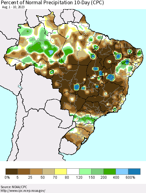 Brazil Percent of Normal Precipitation 10-Day (CPC) Thematic Map For 8/1/2023 - 8/10/2023