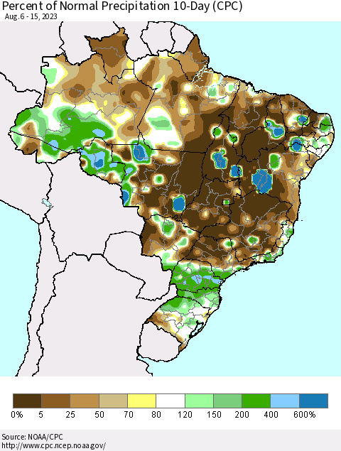 Brazil Percent of Normal Precipitation 10-Day (CPC) Thematic Map For 8/6/2023 - 8/15/2023