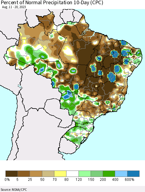 Brazil Percent of Normal Precipitation 10-Day (CPC) Thematic Map For 8/11/2023 - 8/20/2023