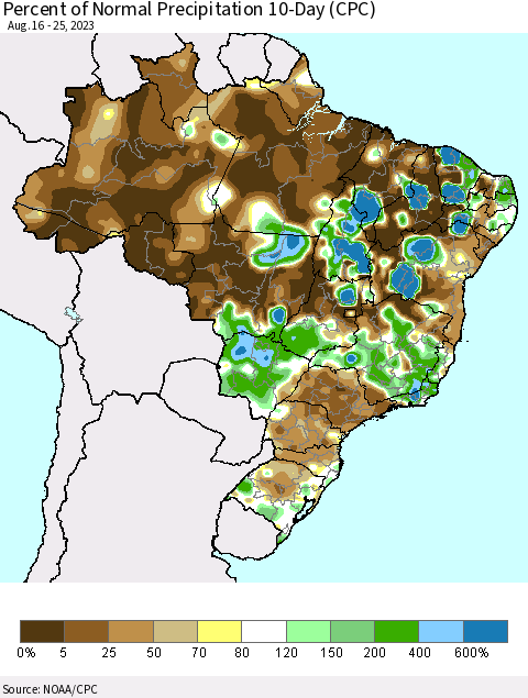 Brazil Percent of Normal Precipitation 10-Day (CPC) Thematic Map For 8/16/2023 - 8/25/2023